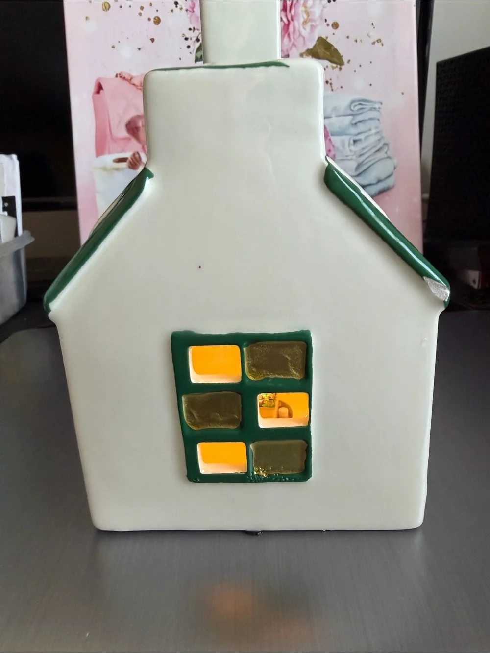 Threshold White Ceramic Holiday Church with Green Roof and Red Wreath Accents